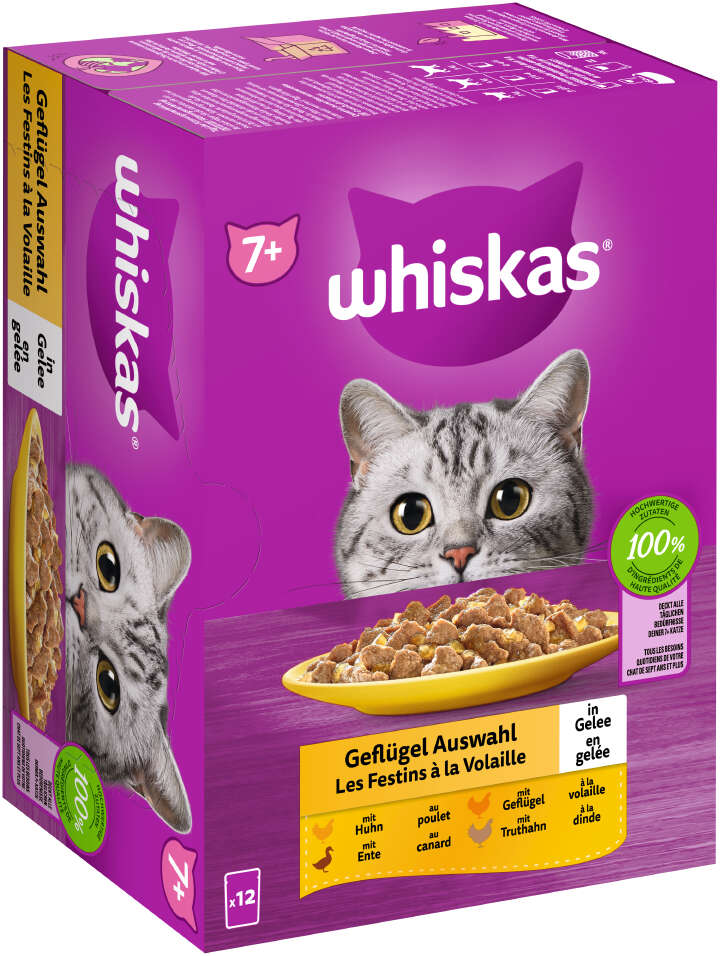 whiskas Katzen-Nassfutter Portionsbeutel Multipack 7+ Geflügel Auswahl in Gelee 12 x 85g